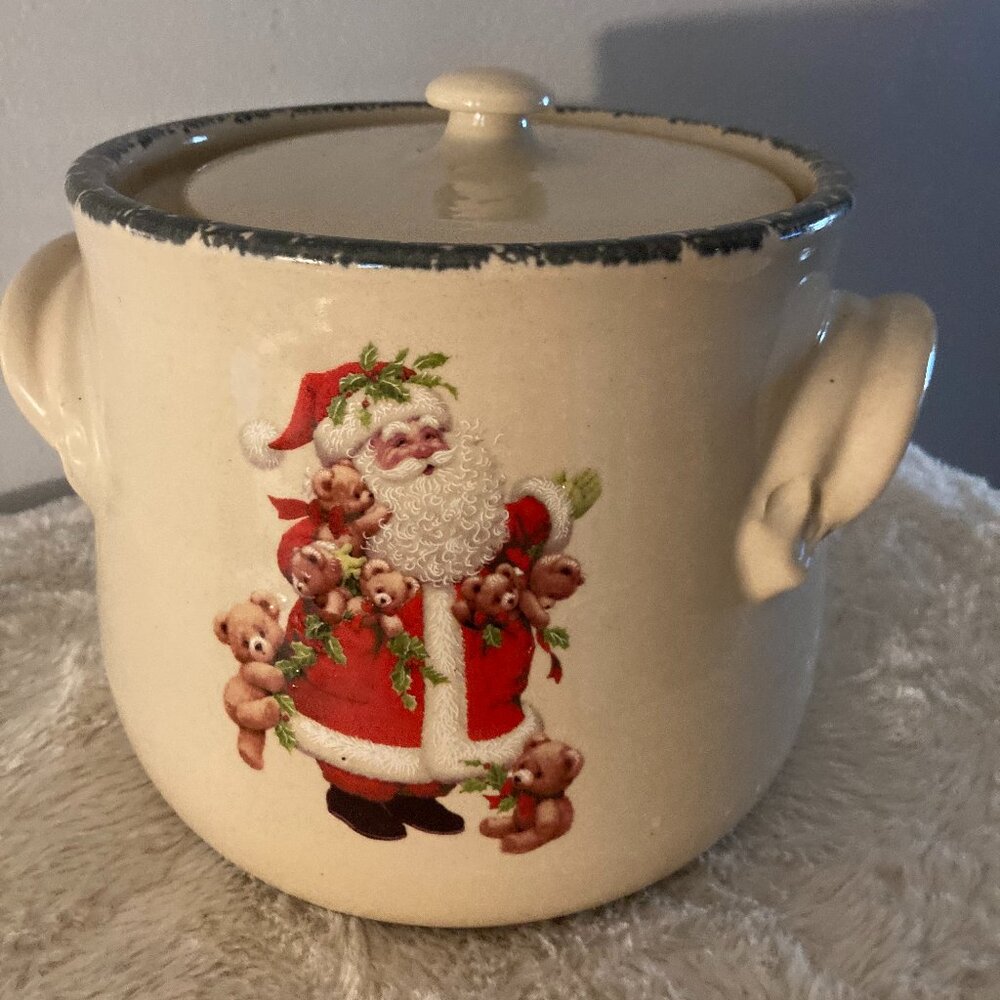 Vintage Christmas Santa Ceramic Pot w/Handles & Lid